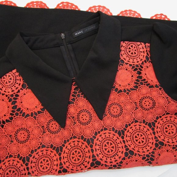 Orange Lace Top Pointed Collar Black Crepe - Picture 6 of 9